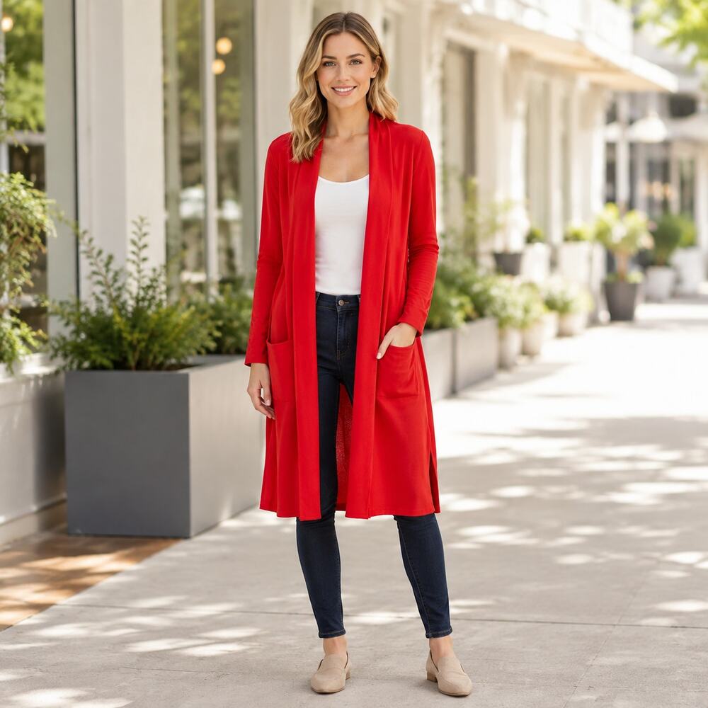 Celeste Red Longline Open-Front Cardigan Size Small